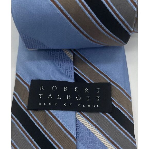 Robert Talbott Best Of Class‎ Silk Tie Silver Blue Tan Repp Stripe Satin Weave - Picture 3 of 5